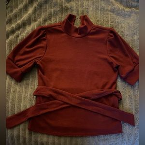 LOST&WANDER: Maroon Blouse with Puffy Shoulders and Tie Waist